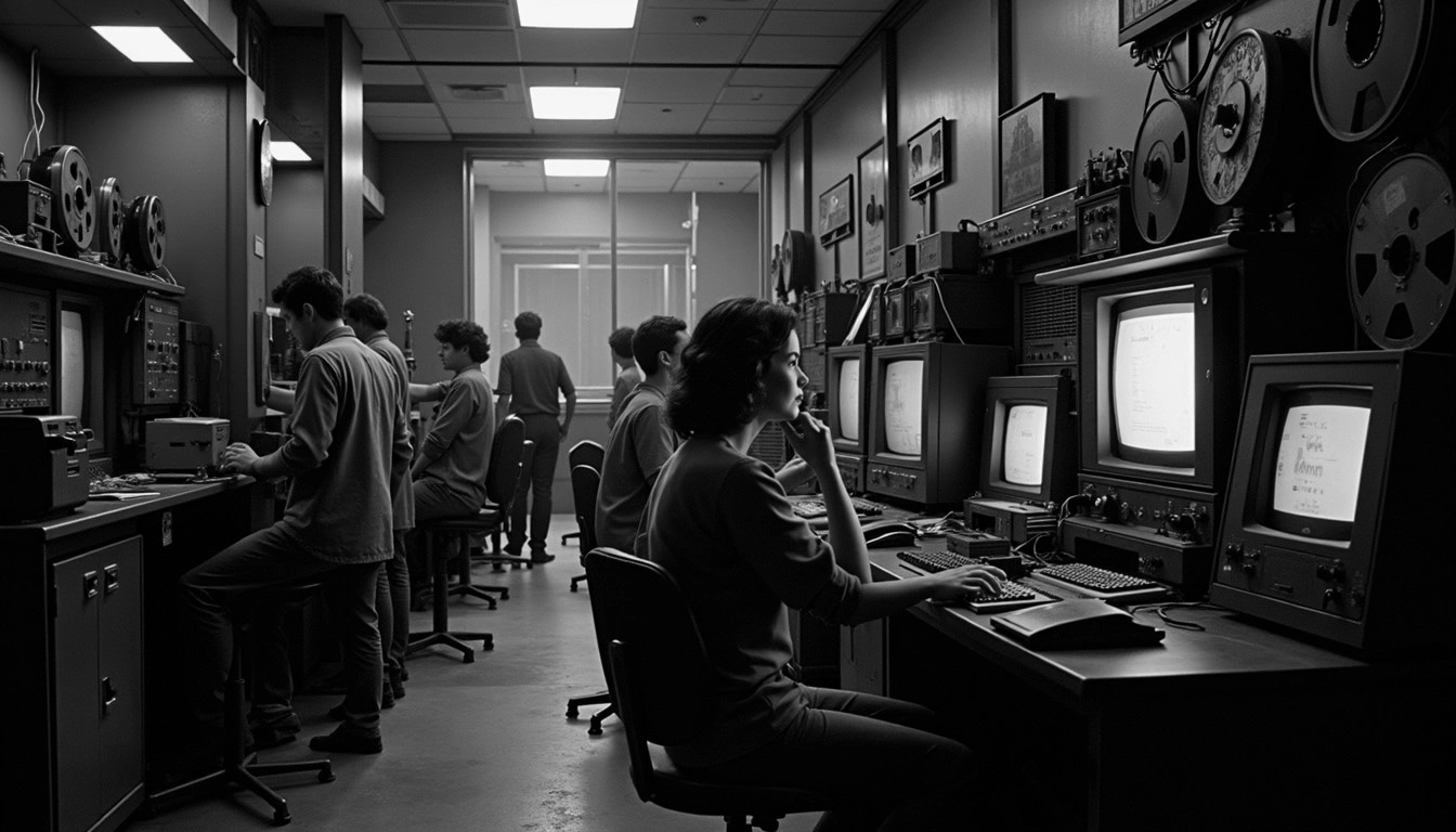 Engineers collaborating at consoles in a vintage computing operations room