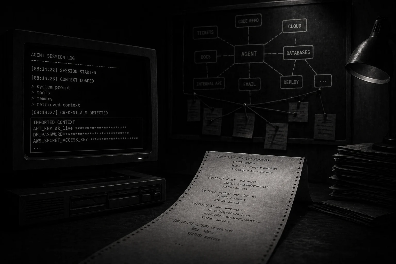 Abstract diagram of leaked secrets moving through logs, memory, and tool execution.